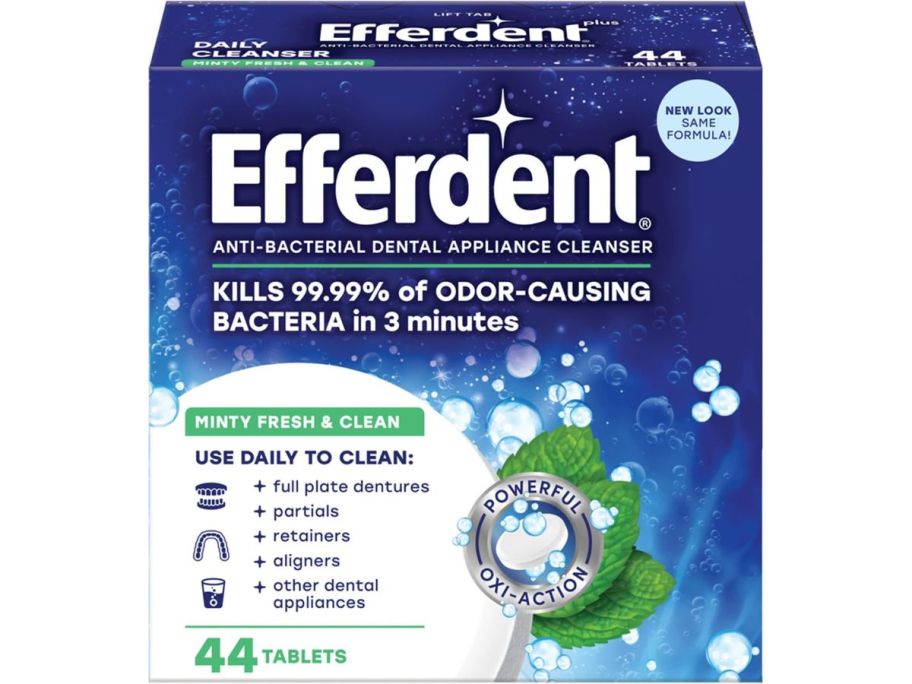 A box of Efferdent Dental Appliances Cleaning Tablet 44-Count (Minty Fresh & Clean)