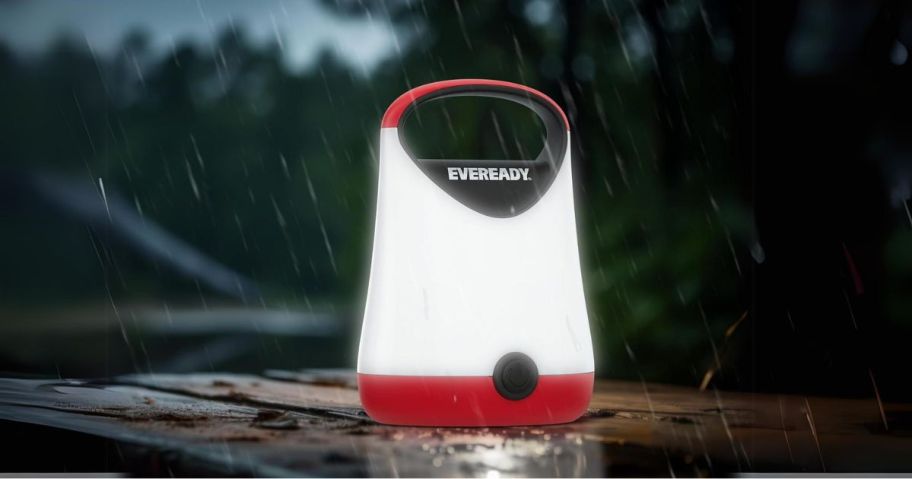 Eveready LED Camping Lantern outside in the rain