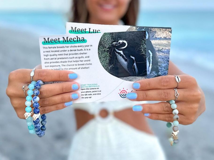 A woman holding up Fahlo Animal Tracking Bracelets and their info cards