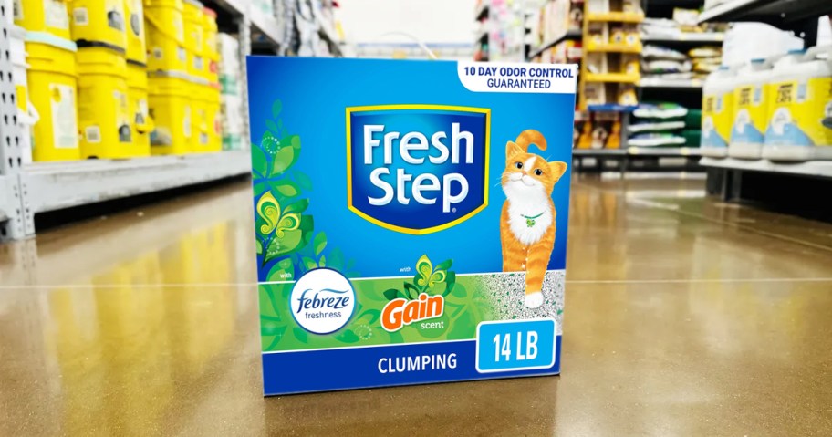 box of Fresh Step Cat Litter on floor of pet store