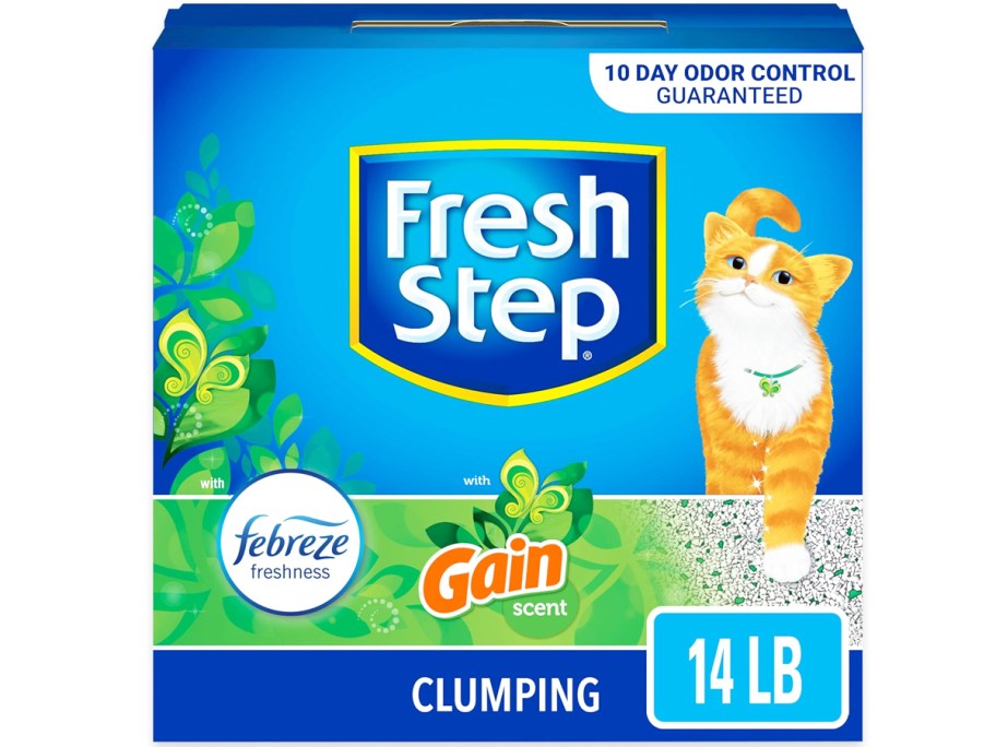 blue box of Fresh Step Clumping Cat Litter with Febreze Gain Scent