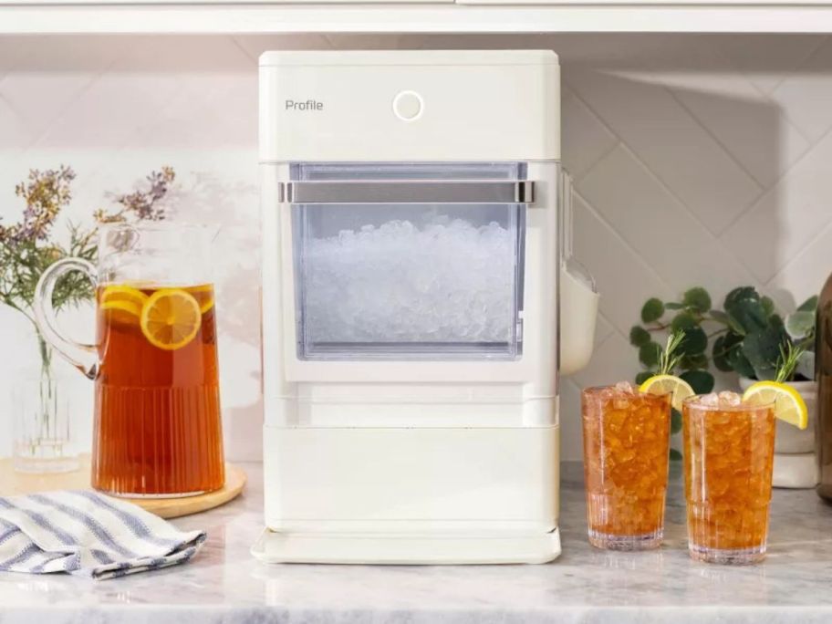 GE Hearth & Hand Profile Opal Nugget Ice Maker on a counter