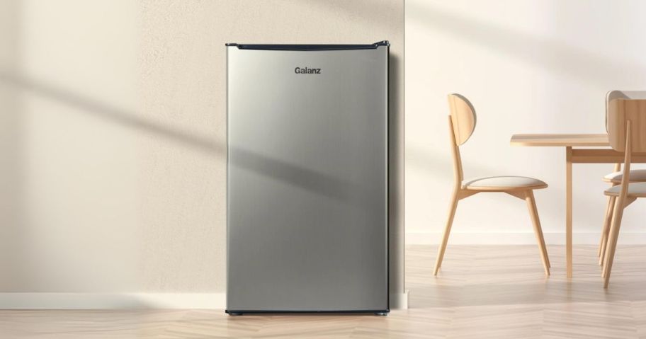 Galanz 3.3-Cubic Foot Mini Fridge in Stainless Steel in kitchen