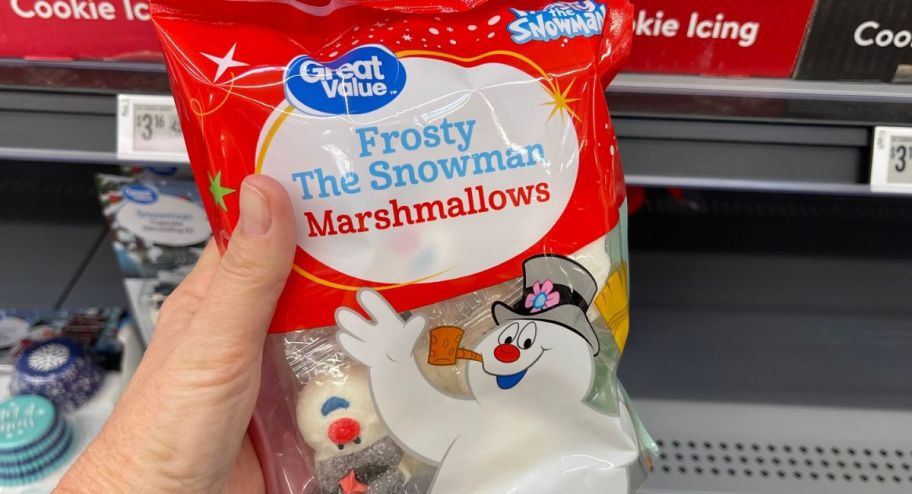 hand holding Great Value Frosty The Snowman Marshmallows
