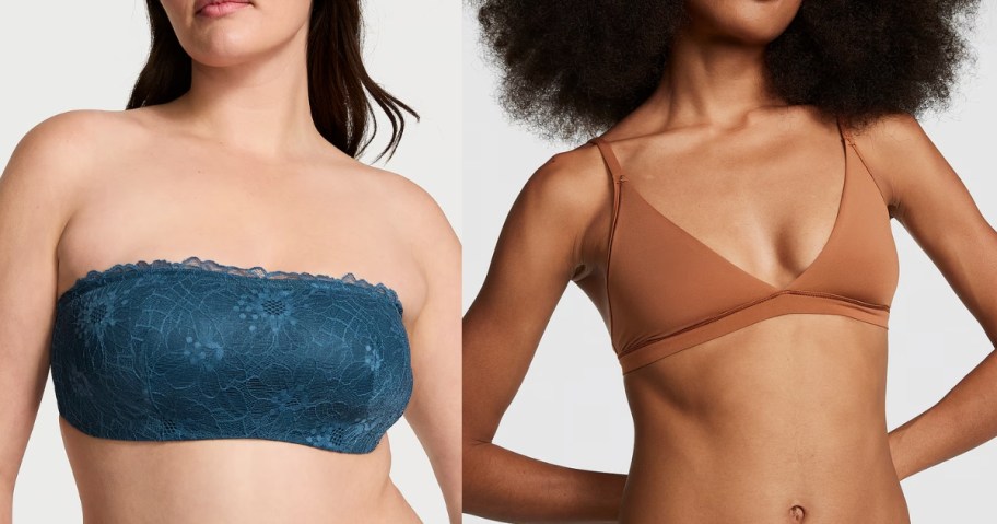 image of the top half of 2 women wearing bras, one's bra is a dark blue lacy strapless and the other is brown triangle shape bra