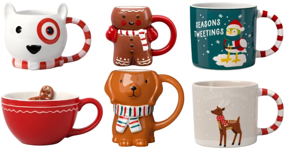 a Target Bullseye dog coffee mug, Gingerbread mug, mug with a holiday bird, a mug with a peekaboo gingerbread man, a dog with scarf mug, and a mug with a deer on it