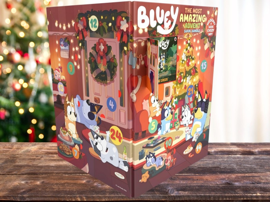 a Bluey: The Most Amazing Advent Calendar Book Bundle on a table