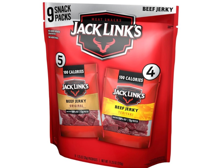 a red bag with Jack Link's Beef Jerky Snack Variety Pack 9 snack bag sizes in it