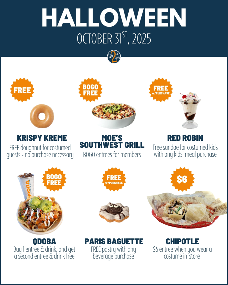 graphic showing 6 Halloween food deals on a white background