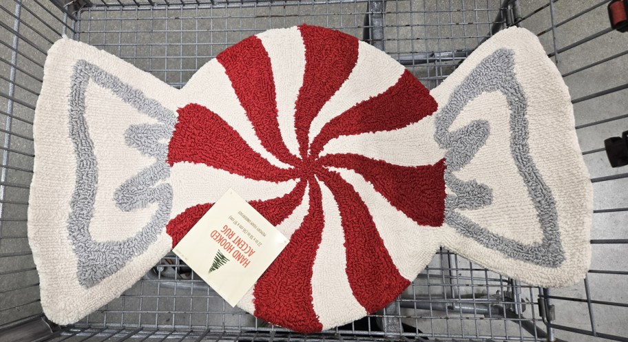 peppermint candy shaped rug in a shopping cart