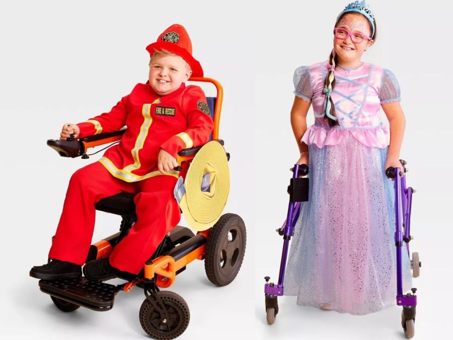 A child in a firefighter's costume in a wheelchair and another in a princess costume