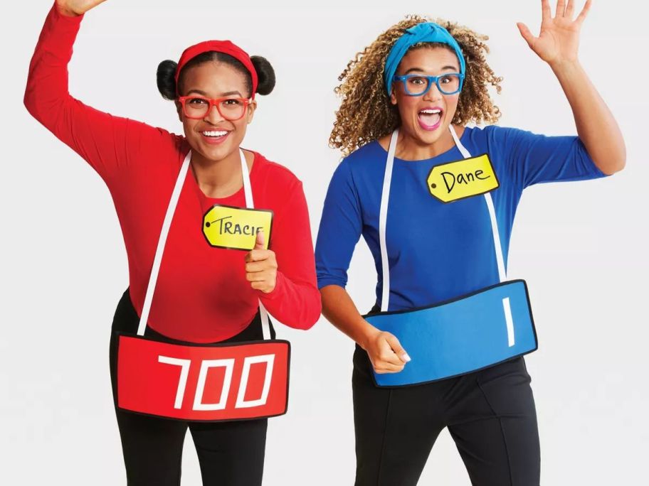 2 women standing in red and blue Hyde and EEK! Boutique Adult Game Show Contestant costumes