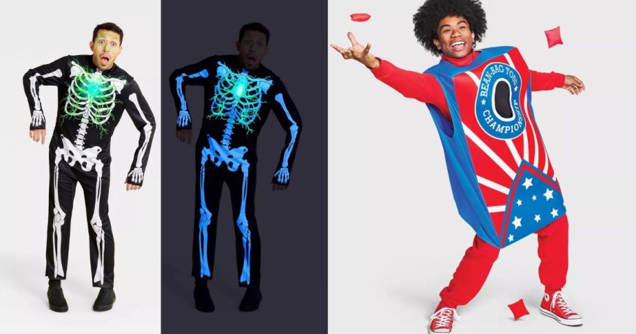 A man in a skeleton costume that lights up and a man in a bean bag costume