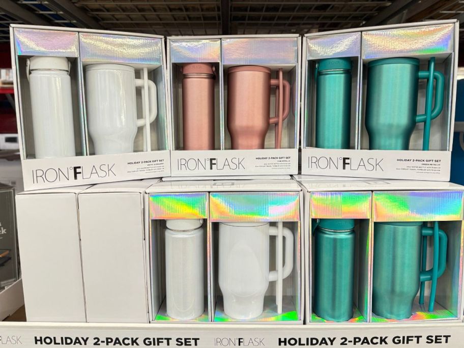 Many Iron Flask Holiday Giftsets in a store