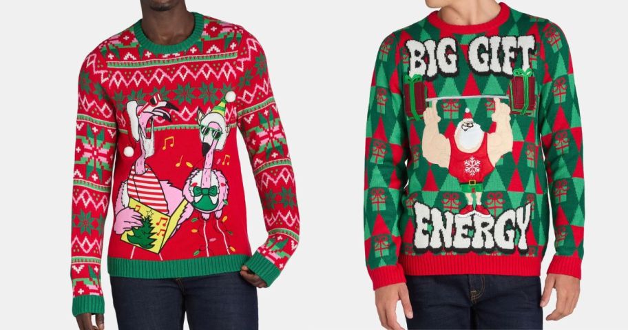 two men wearing Jolly Sweaters Men's Ugly Christmas Sweaters