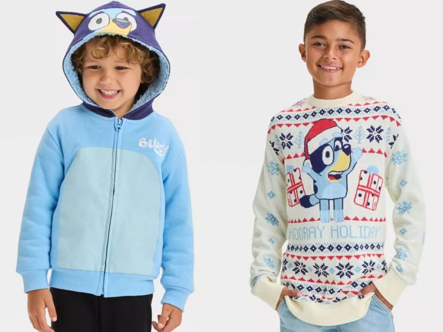 Stock images of Kids wearing a Bluey Sweatshrt and Holiday Sweater