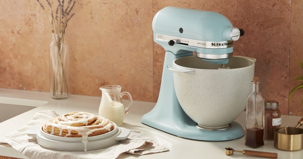 KitchenAid Bread Bowl attached to blue mixer