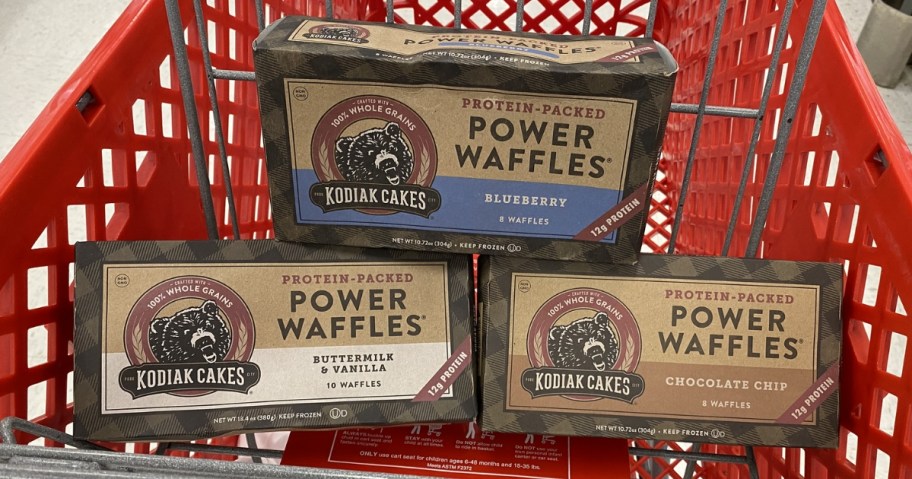 target cart full of kodiak cakes frozen waffle boxes