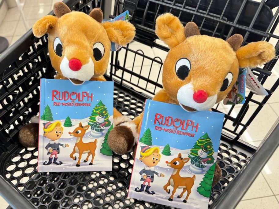 Two Kohl's Cares Rudolph the Red-Nosed Reindeer Book & Plush Bundle in a Kohl's Shopping Cart