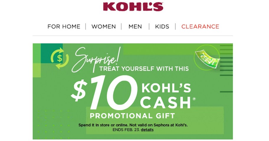 screenshot of kohl's cash inside kohl's email