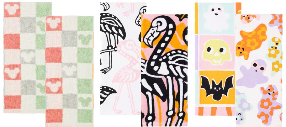 mickey mouse, skeleton flamingo, and ghost print kitchen towel sets