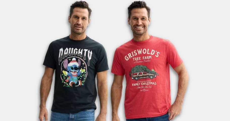 two men wearing holiday graphic tees