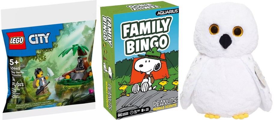 LEGO set, Snoopy bingo game, and Harry Potter Hedwig plush