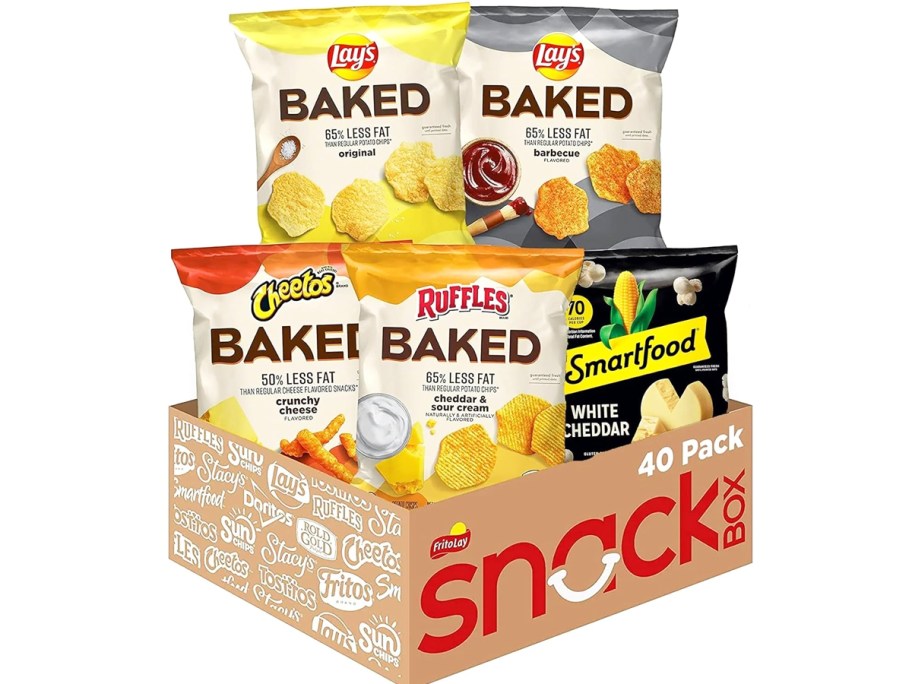 stock image of variety of lay's baked chips in cardboard box