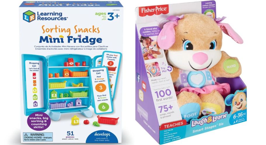 mini fridge sorting toy shown with laugh and learn plush puppy.