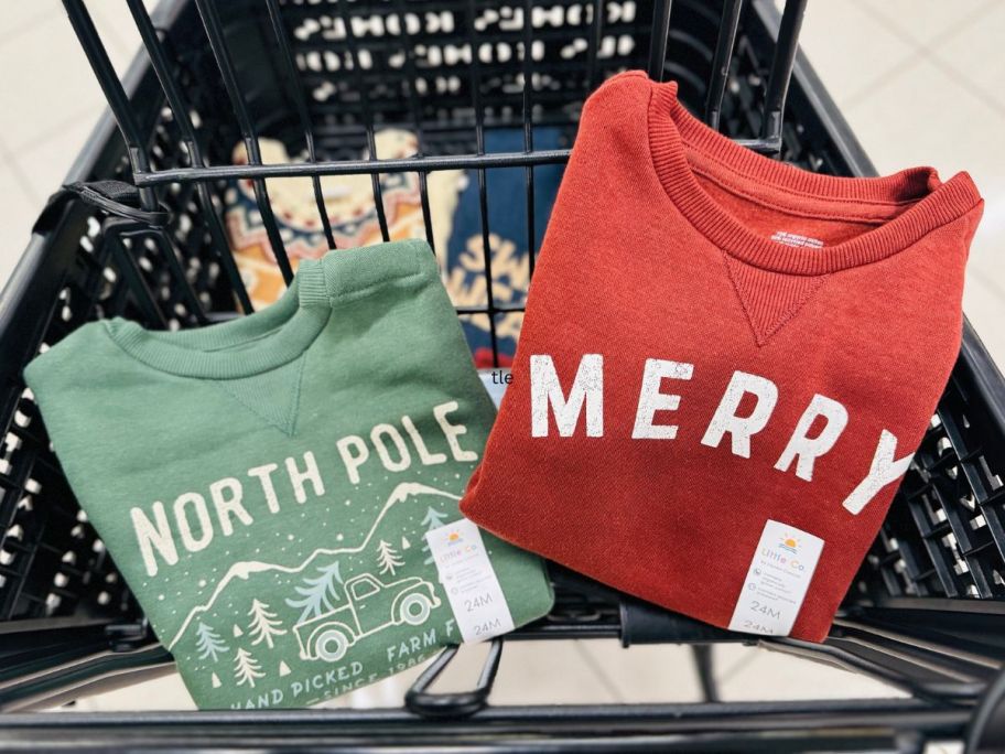 Little Co. Holiday Sweatshirts in a shopping cart