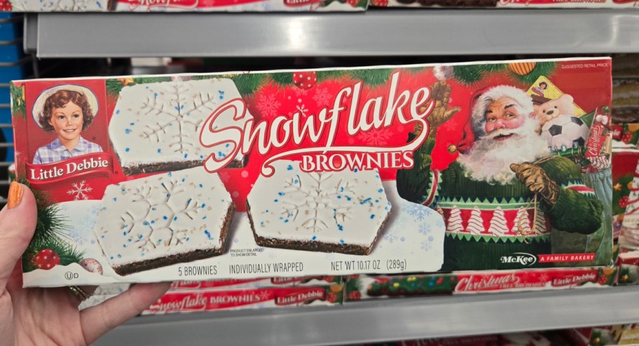 Little Debbie Snowflake Brownies 5 Count in womans hands