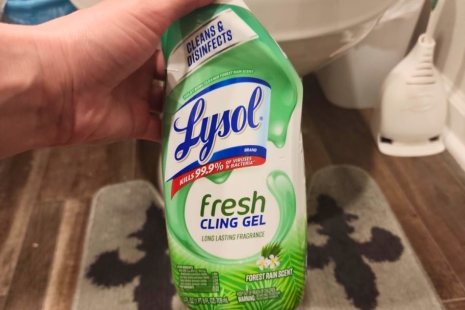 holding a bottle of Lysol Fresh Cling Gel Toilet Bowl Cleaner 