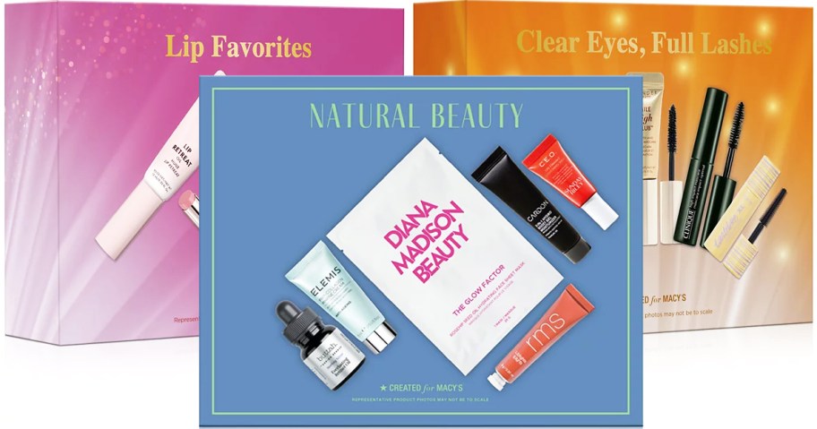 pink, blue, and orange boxes of macys beauty gift sets