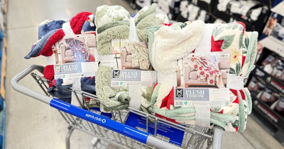 3 Member’s Mark Holiday Plush Throw blankets in a cart