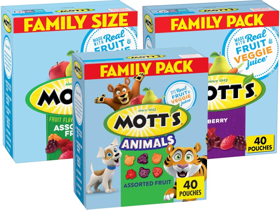 three large boxes of Mott's Fruit Snacks