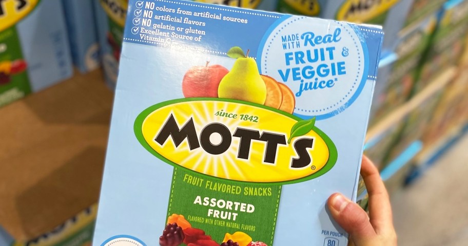 hand holding a large box of mott's fruit snacks