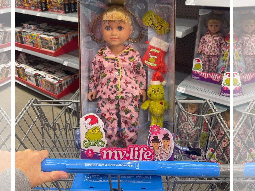 blond My life as grinch doll inside walmart cart