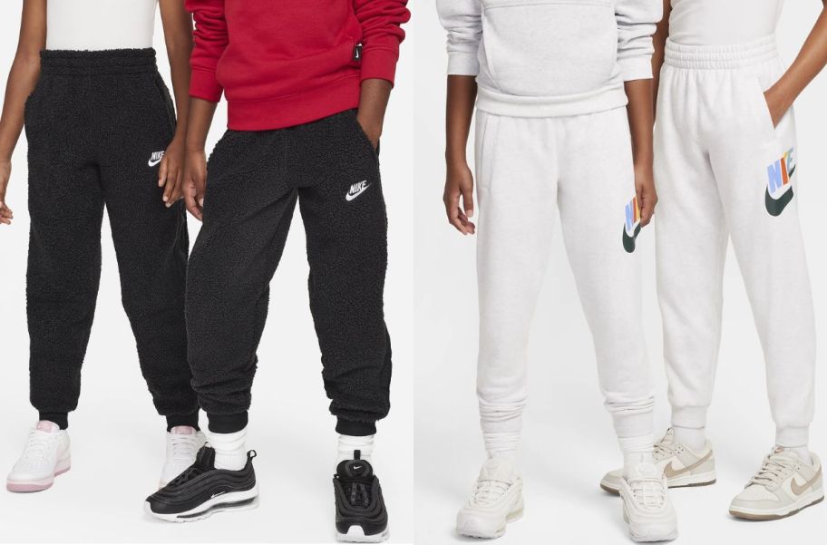 four kid models wearing Nike sportswear club fleece joggers