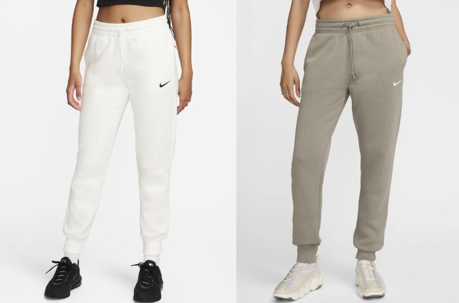 two models wearing nike phoenix fleece joggers