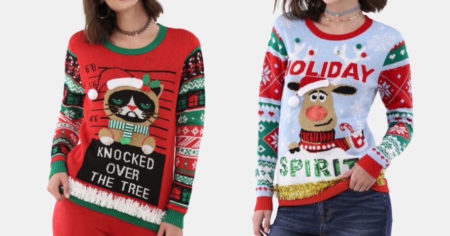 two women wearing No Boundaries Christmas Sweaters