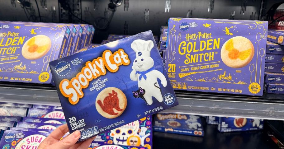 hand holding Pillsbury Spooky Cat Shape Cookies 9.1oz 20-Count box in store