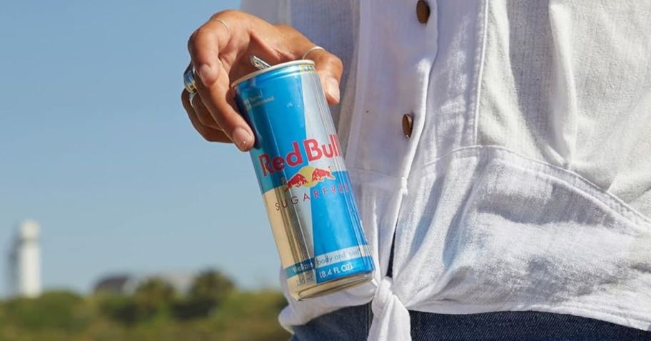 Red Bull Sugar-Free Energy Drink in hand