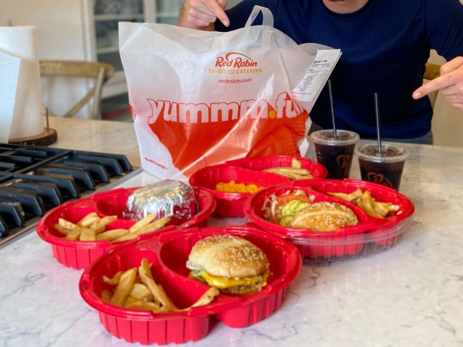 Red Robin takeout burger and fries on a counter