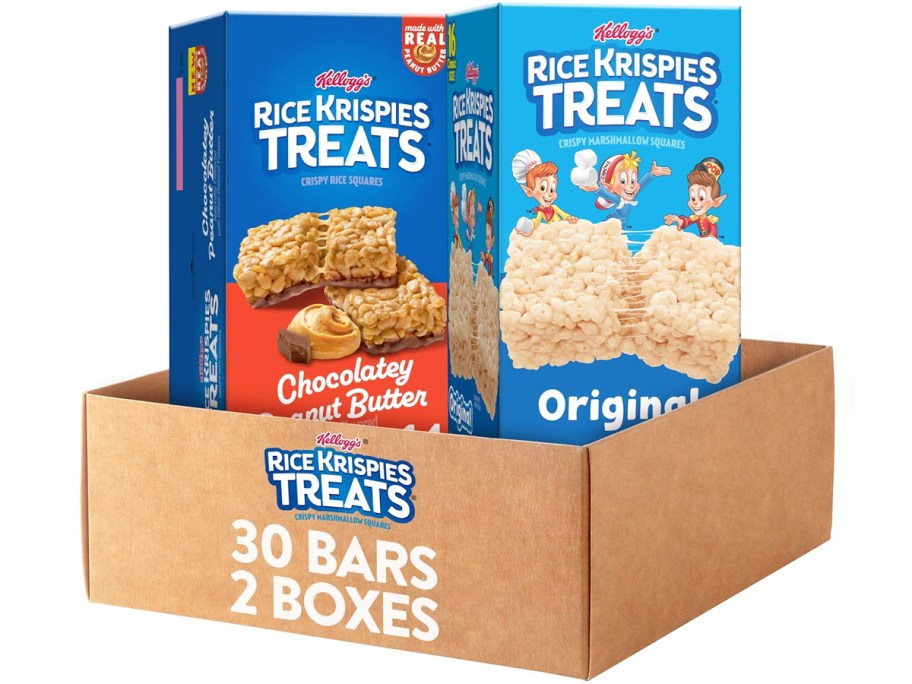 two boxes of Rice Krispies Treats in a cardboard box