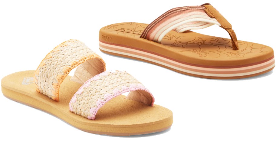 double strap slide and brown flip flop