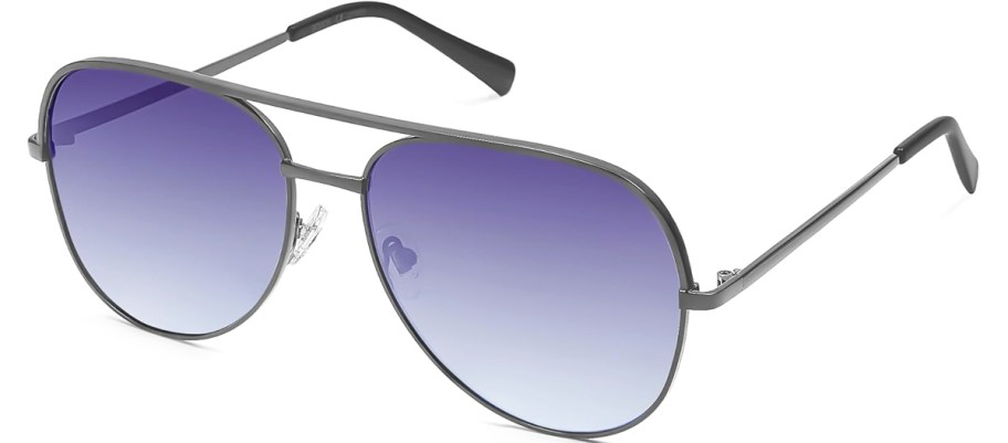 silver metal aviator sunglasses with blue lenses