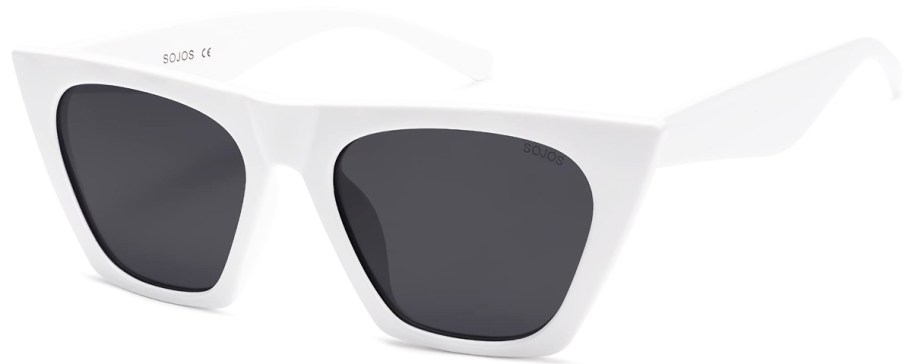 pair of white boxy cat eye sunglasses with black lenses