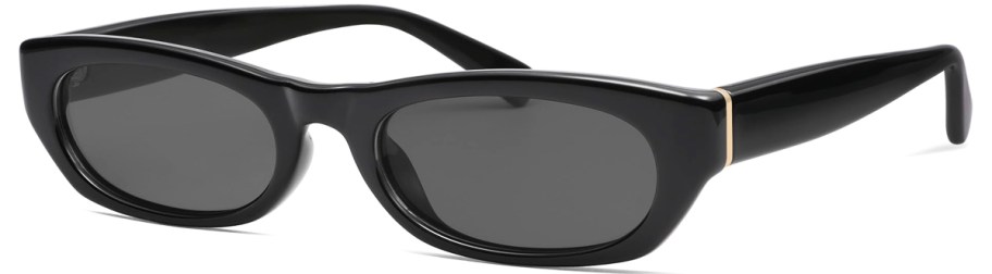 pair of thin black sunglasses with black lenses