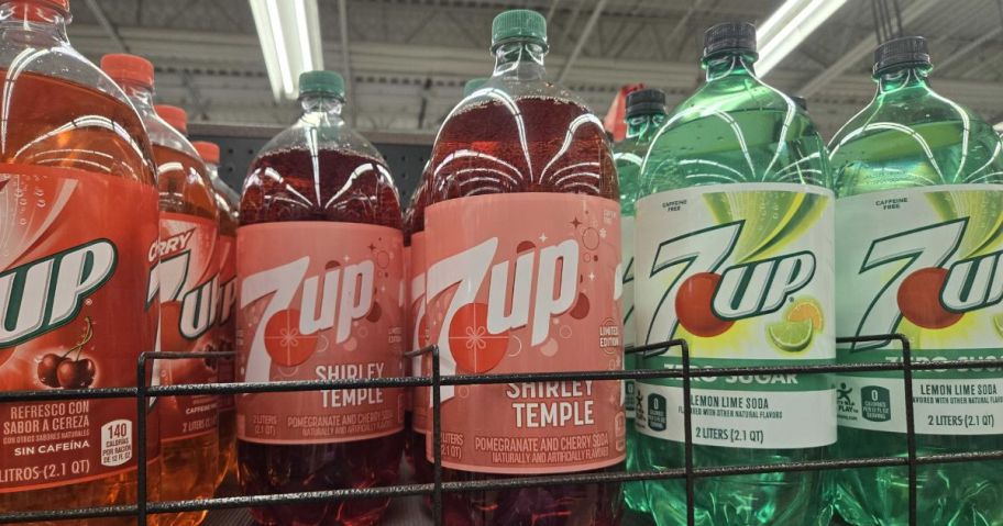 Store shelf with different 2 liter bottles of 7-up including the new Shirley Temple 7-Up