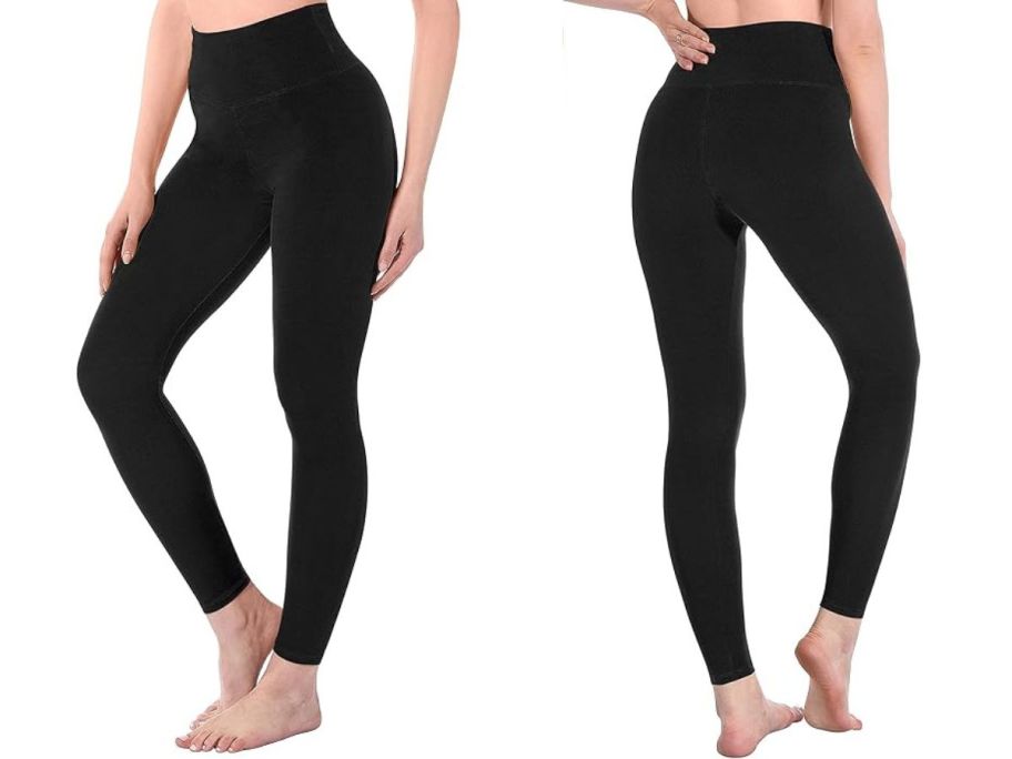 Stock imagees of front and back views of Sinophant leggings on a woman